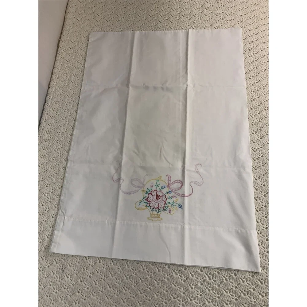 Vintage Pair (2) White Pillowcases Handpainted Flower Basket Ribbons 29”x21”